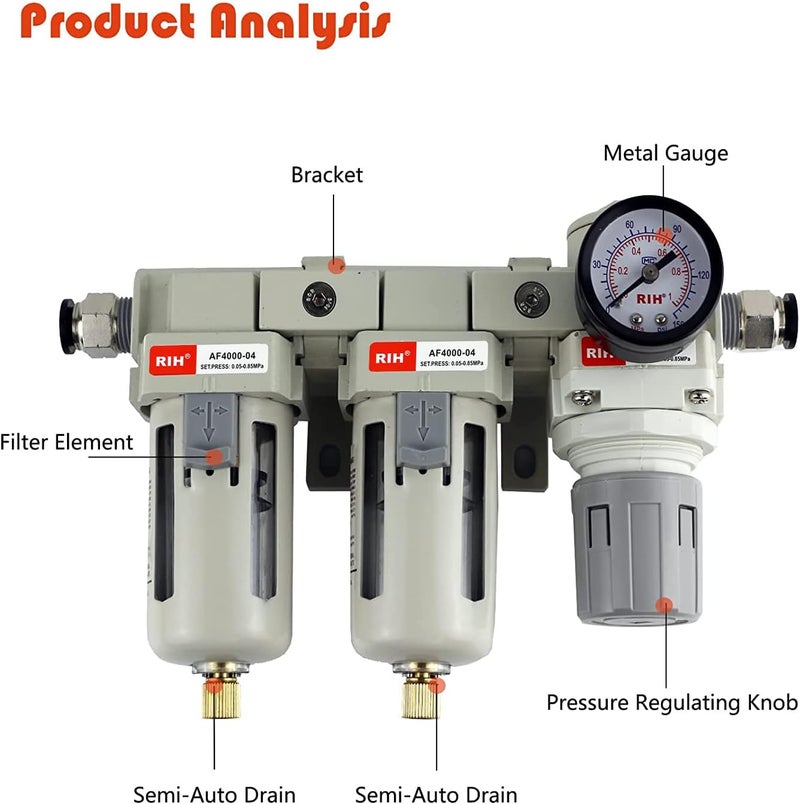 RIH Store Pneumatics DFR-04 1/2'' NPT Compressed Air Double Filter & Regulator, Air Drying System, Air Compressor Water Separator, Semi -Auto Drain, Poly Bowl,0-150 psi Gauge, 5 Micron Brass Element - Image 5